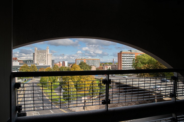 The view from the new carpark at Circle Square through the circular apertures
